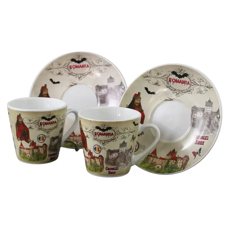 Set 2 cesti cafea cu farfurioare din ceramica, suvenir gift shop, 70 ml castelul bran